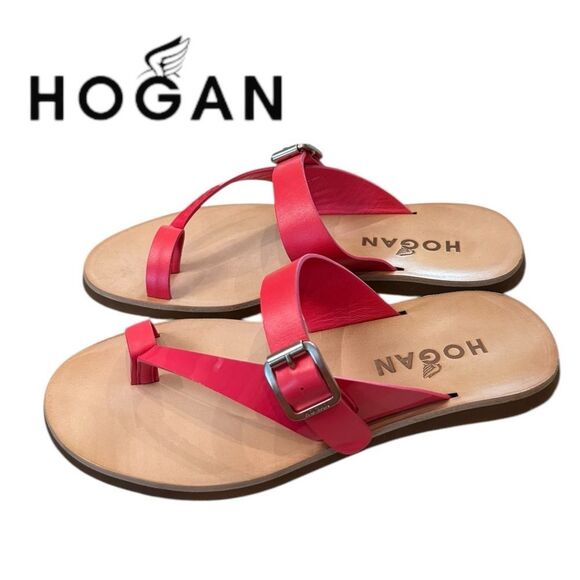 NEW HOGAN Women's Pink Leather Buckle Flip Flop Slip Sandals Dust Bag 37 7 - Picture 2 of 8